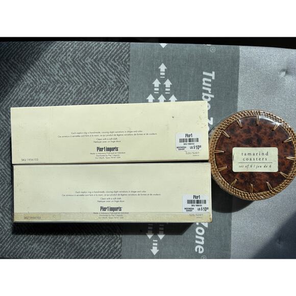 Pier 1~ 8 Handmade Barrel Raffia Tamarind Napkin Rings & 6 Coasters/14 pieces - Picture 8 of 16